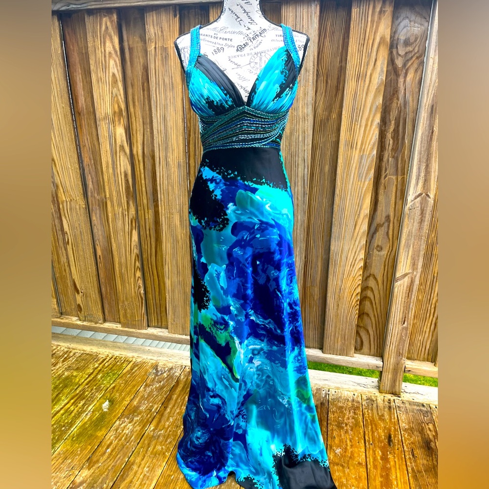 Cache Blue Teal Beaded Prom Gown